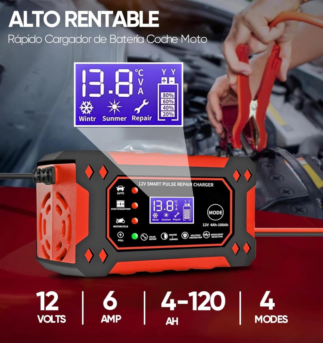 Cargador de Bateria de Auto 12V 6A,Portatil Cargador de Bate - Imagen 2