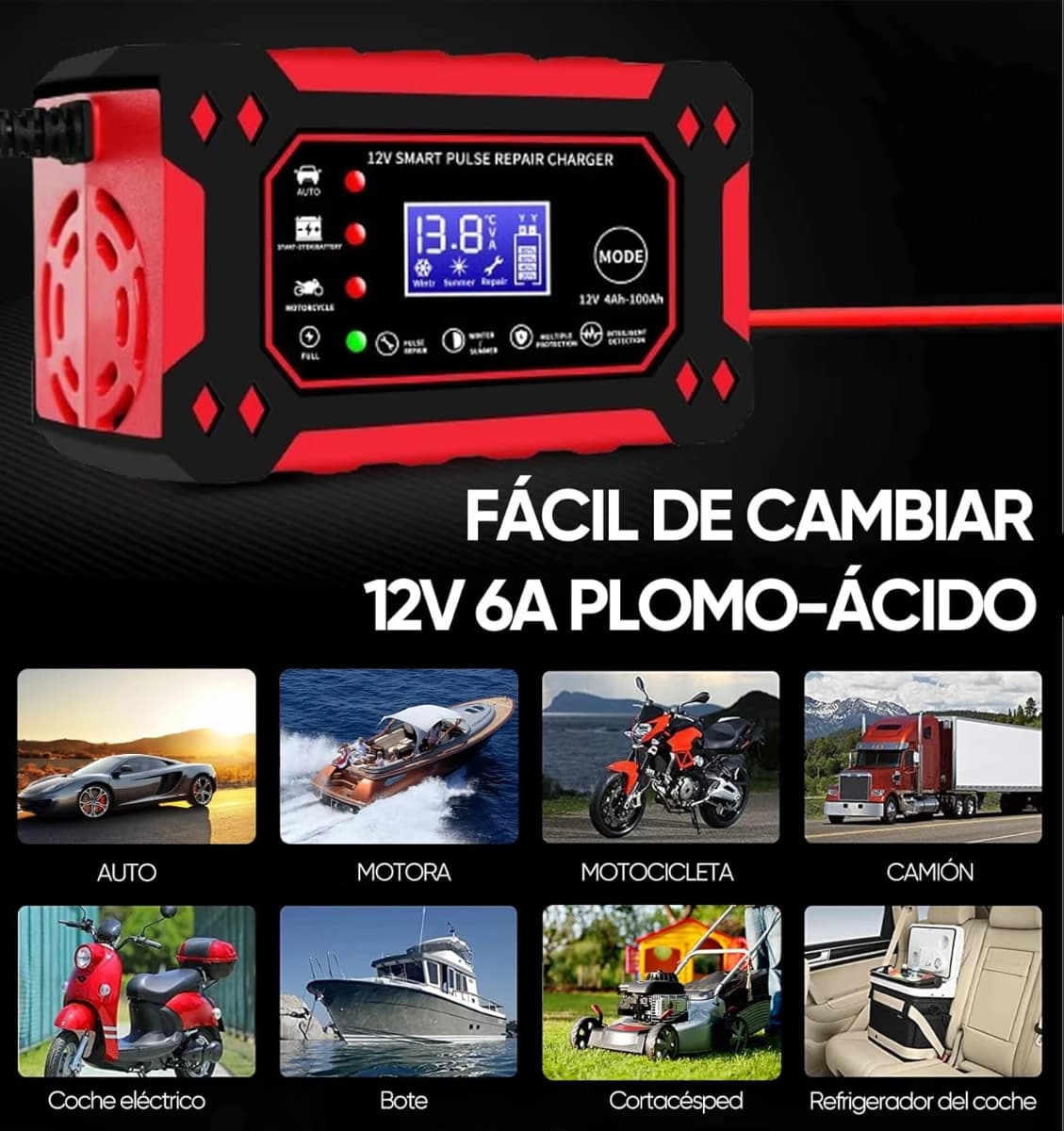Cargador de Bateria de Auto 12V 6A,Portatil Cargador de Bate - Imagen 4