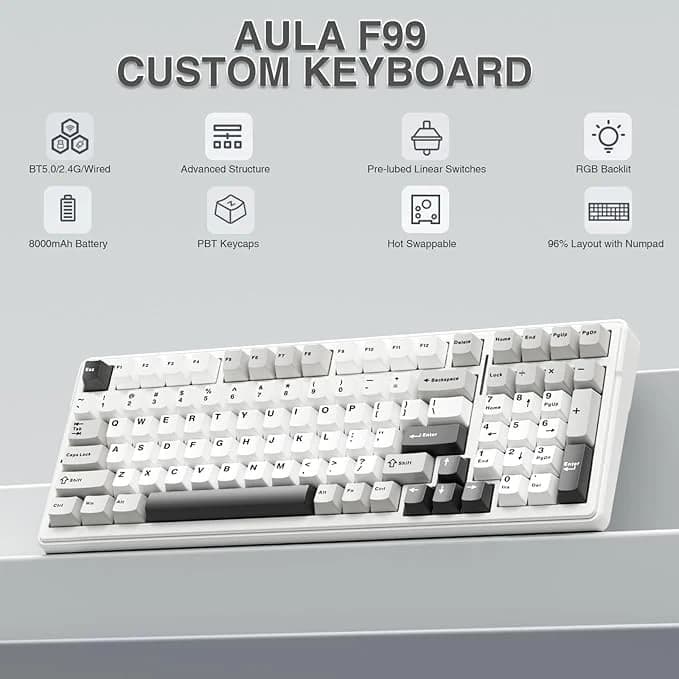 AULA F99 Teclado mecánico inalámbrico, triple modo BT5.0/2.4GHz/USB-C - Imagen 2