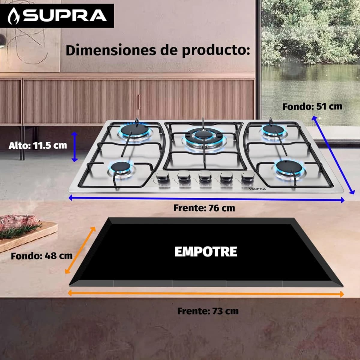 SUPRA Parrilla a gas de 5 quemadores para empotrar de 76 cm, Mod. ZEGNA - Imagen 2