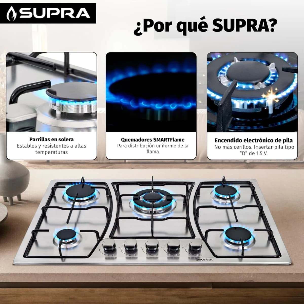 SUPRA Parrilla a gas de 5 quemadores para empotrar de 76 cm, Mod. ZEGNA - Imagen 3
