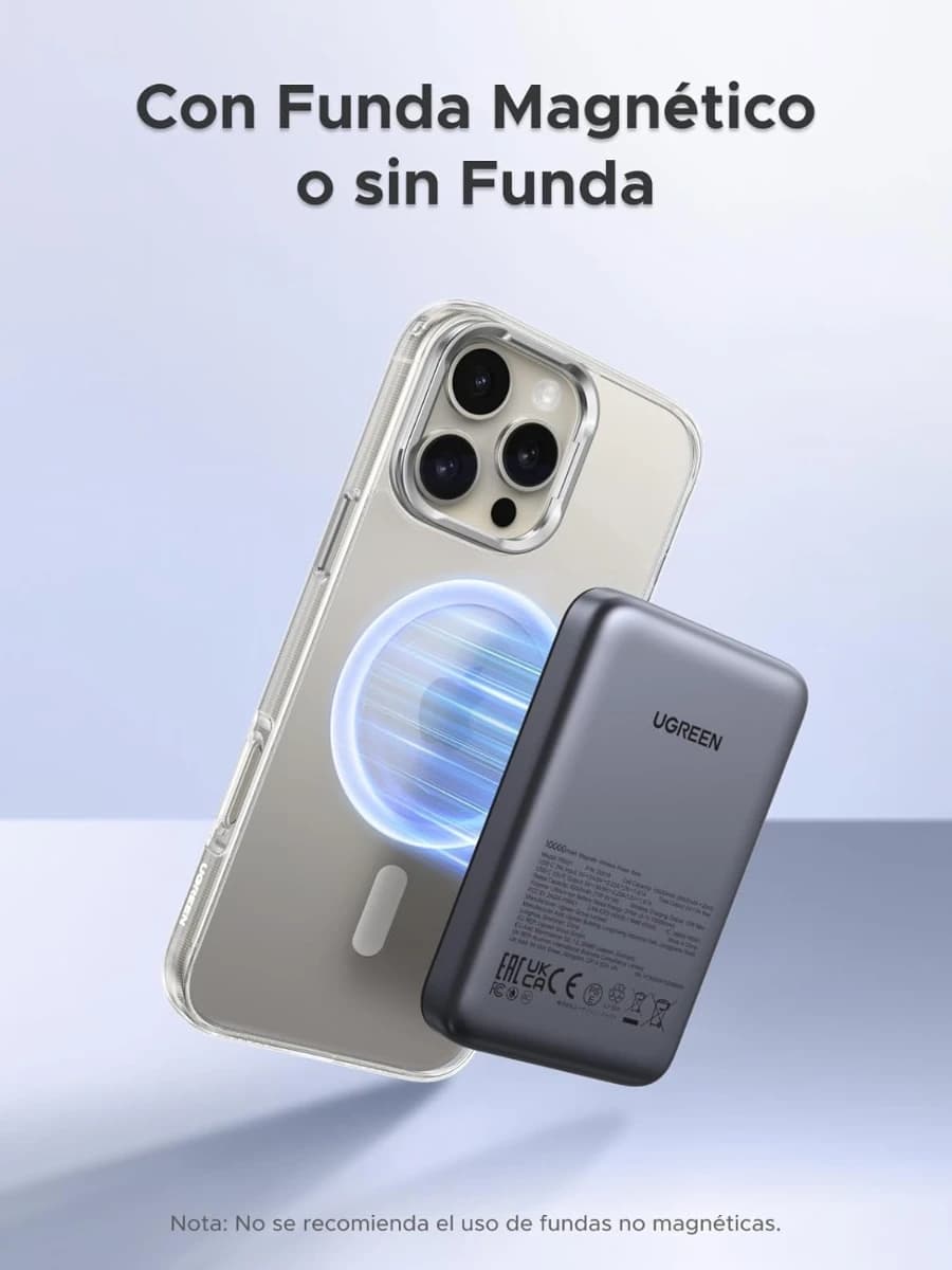 UGREEN 10000mAh Power Bank Inalabrico PD 20W Carga Raida, Cargador USB C Portail Magnético, Bateria  - Imagen 2