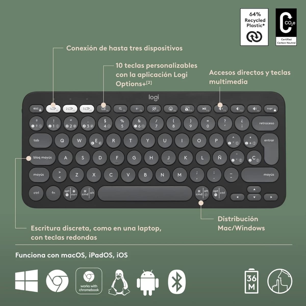 Logitech Pebble Keys 2 K380s: Teclado Bluetooth Multidispositivo Estilizado. ¡Oferta Imperdible! - Imagen 4