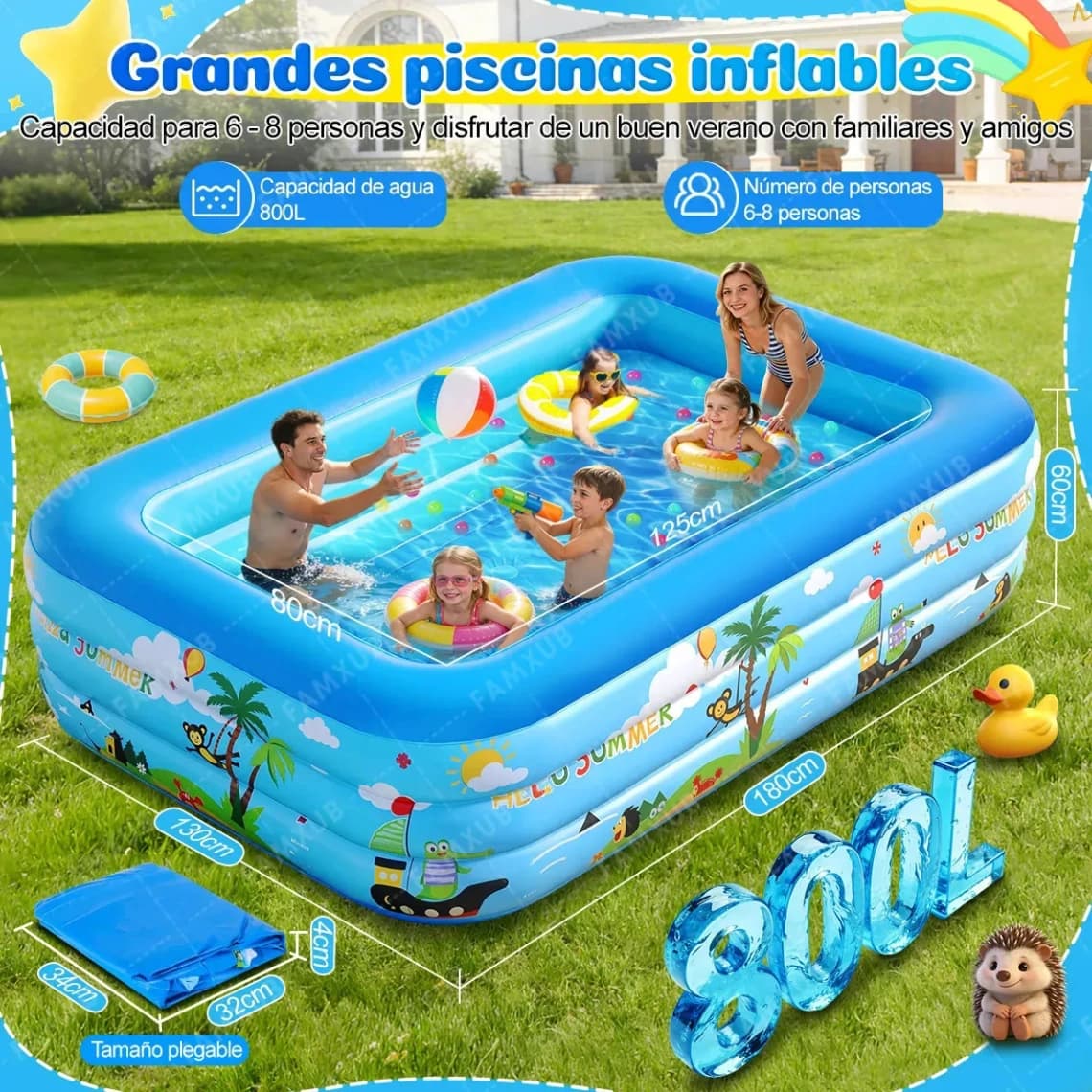Alberca Inflable 180*130*56cm Piscina Niños Familiar Rectangular Azul Grandes Agua de 800L - Imagen 2