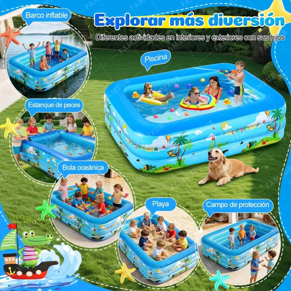 Alberca Inflable 180*130*56cm Piscina Niños Familiar Rectangular Azul Grandes Agua de 800L - Imagen 3