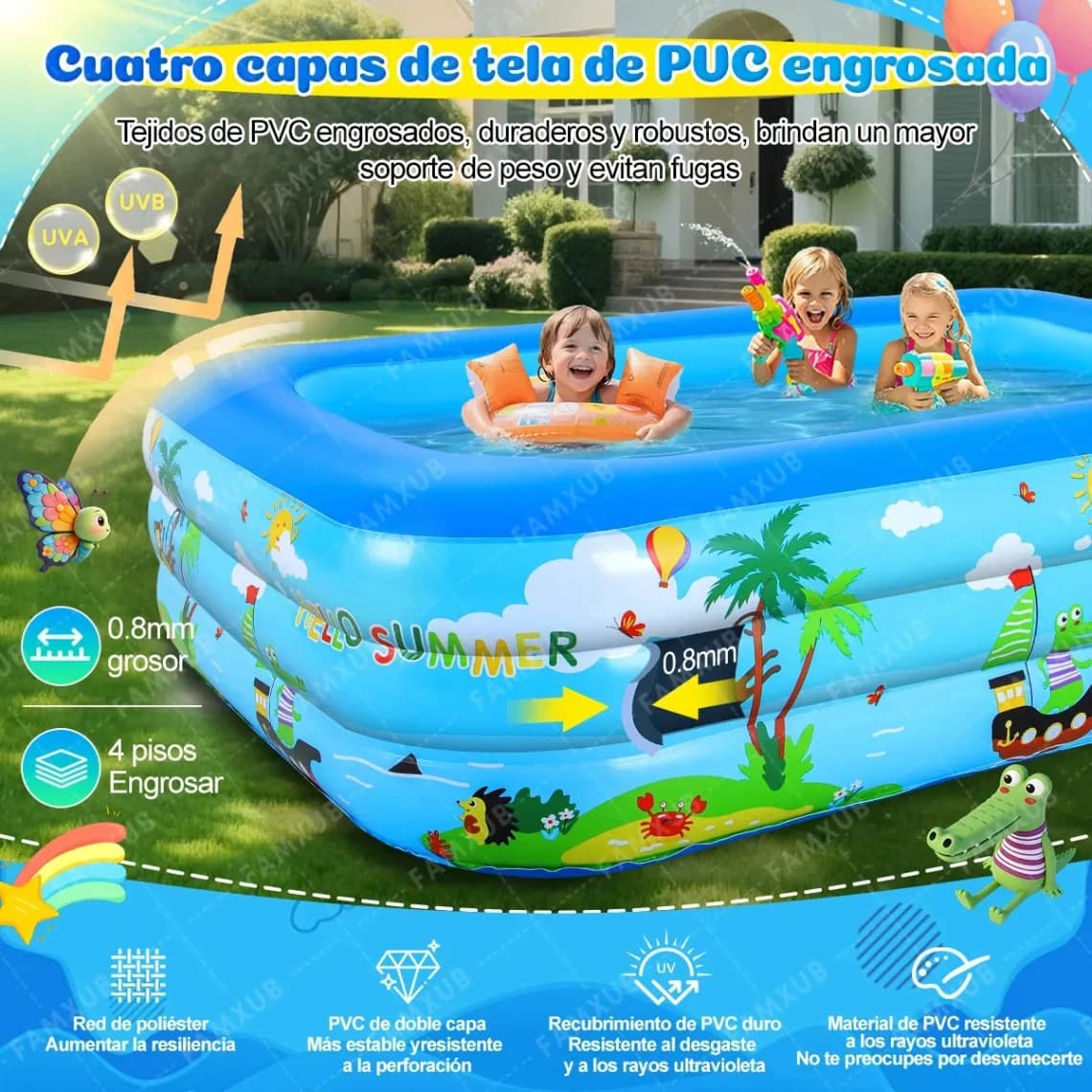Alberca Inflable 180*130*56cm Piscina Niños Familiar Rectangular Azul Grandes Agua de 800L - Imagen 4