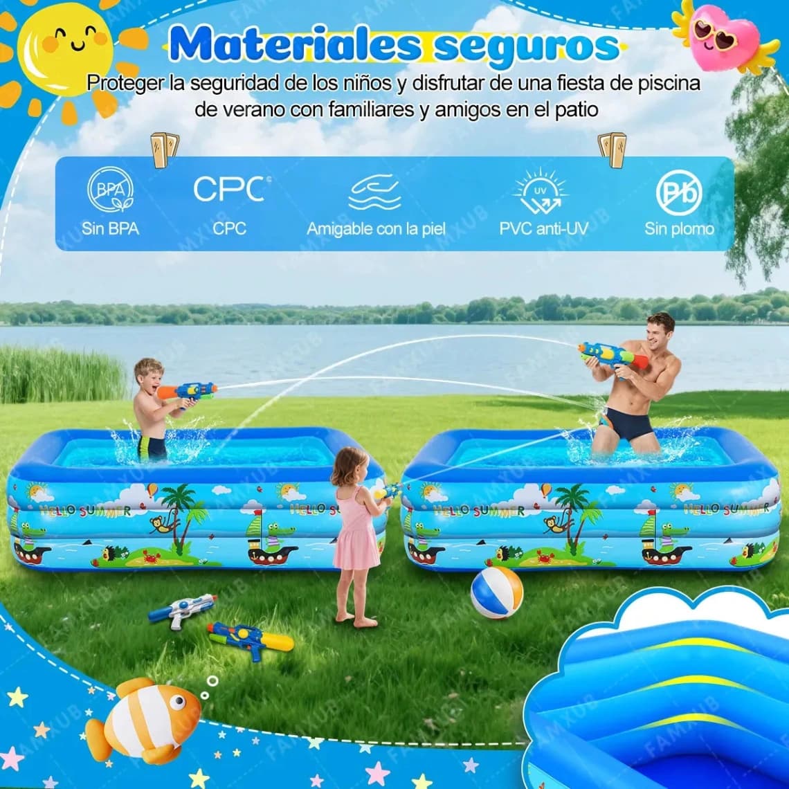 Alberca Inflable 180*130*56cm Piscina Niños Familiar Rectangular Azul Grandes Agua de 800L - Imagen 5