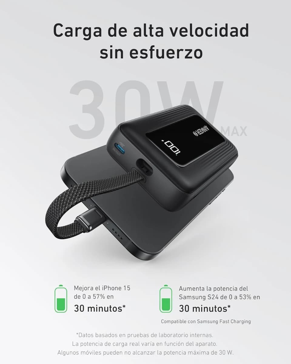 Anker Zolo 10000mAh 30W Power Bank: Carga Rápida con Cable USB-C Integrado