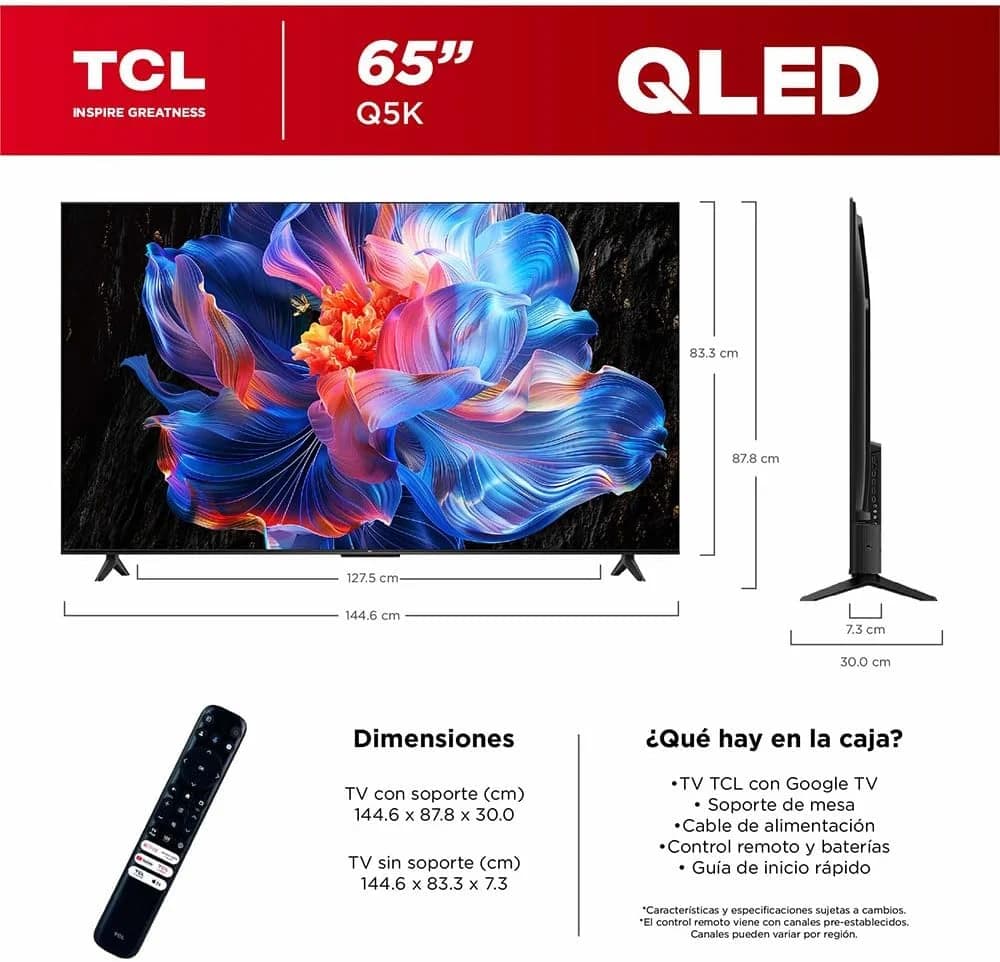 TCL Smart TV Pantalla 65" 65Q5K Google TV QLED 4K Google Assistant | Hands Free Voice Control | Alex - Imagen 2