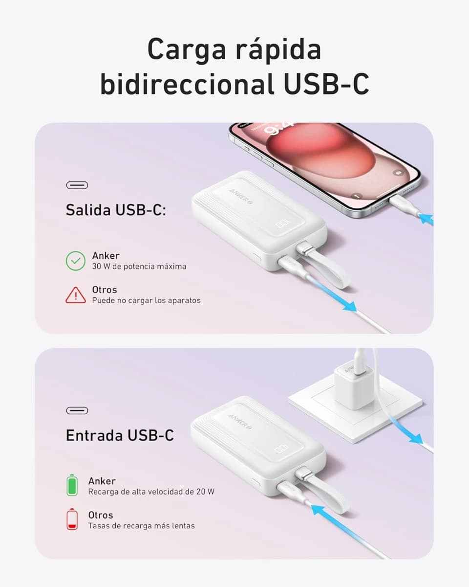 Anker Zolo 10000mAh 30W Power Bank: Carga Rápida con Cable USB-C Integrado - Imagen 4